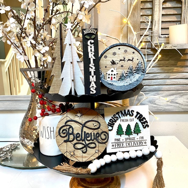 Christmas tiered tray decor bundle | wooden trees | Christmas tiered tray signs | Believe sign | Christmas trees sign | merry Christmas