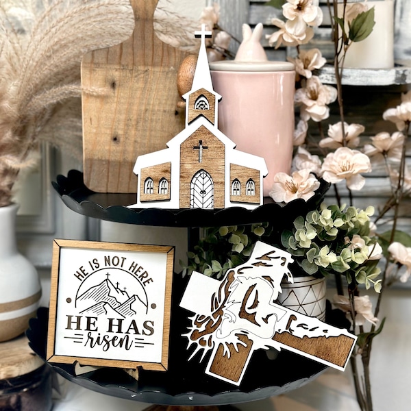 Easter Tiered Tray Decor , Empty Tomb "He is Risen" Religious Signs, wooden face of Jesus Cross, Mini Church, Christian Gift