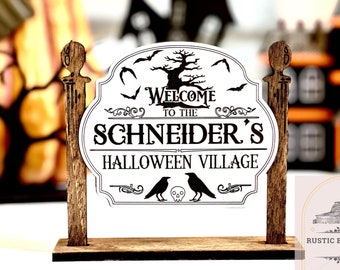 Personalized Halloween Village Sign, Spooky Tiered Tray Decor