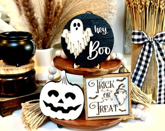 Farmhouse Halloween Tiered Tray Decor | Ghost, Pumpkin, Trick or Treat Mini Signs