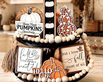 Handmade Farmhouse Tiered Tray Decor Set, Rustic Fall Pumpkin Kitchen Decor
