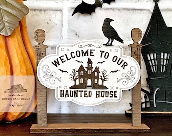 Haunted House Sign, Spooky Halloween Village Decor