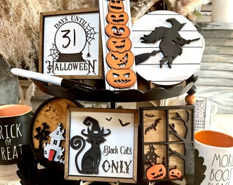 Hand-Painted Halloween Tier Tray Decor Set, Spooky Witch, Pumpkins, Black Cat, Haunted House