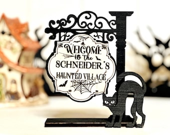 Personalized Haunted Village Sign | Black Cat Halloween Decor, Laser Cut Wood Home Accent