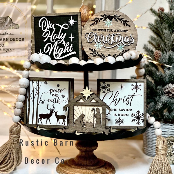 Christmas tiered tray decor, Nativity Christmas Tier Tray, Religious mini signs, Christian, Neutral, farmhouse, Rustic,  wooden mini signs