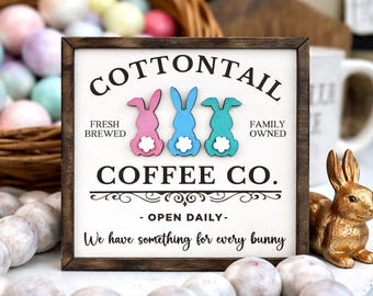 Panneau Cottontail Coffee, Décoration de bar de ferme avec lapin de Pâques, Printemps (5x5, 6x6, 8x8)