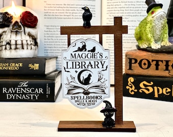 Personalized Halloween Library Sign, Black Cat & Raven Decor