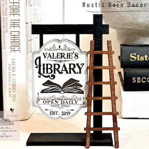 Personalized Library Sign, Mini  wooden Signpost with ladder Library Decor, Bookshelf, Book lover gift, Bookish, Gifts for readers, Name