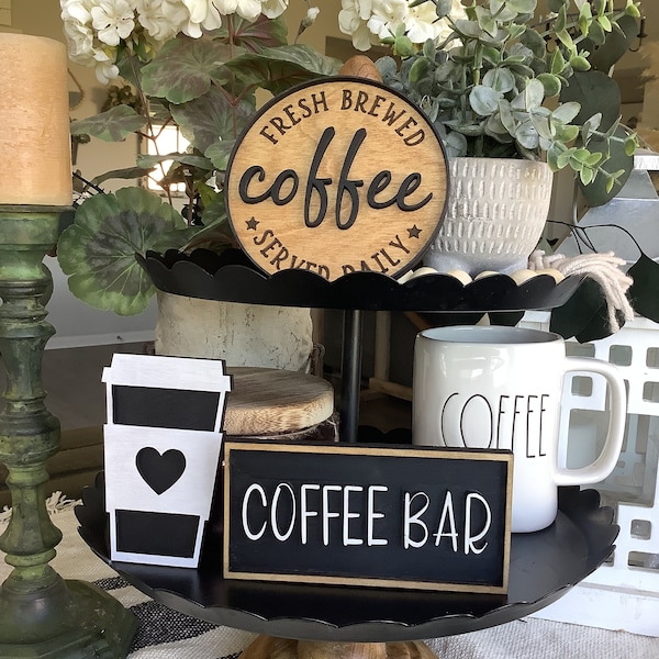 Coffee Bar Sign | Coffee Tiered Tray Decor | Coffee Served Daily Sign | Coffee Cup, Farmhouse Tiered Tray Coffee | kitchen Signs coffee sign