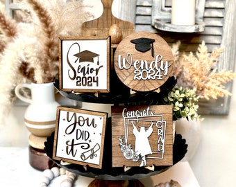 Graduation Tiered Tray Set | Class off 2024 | boho Rustic Party Decor | Graduation gift | personalized | Senior Grad mini wooden signs