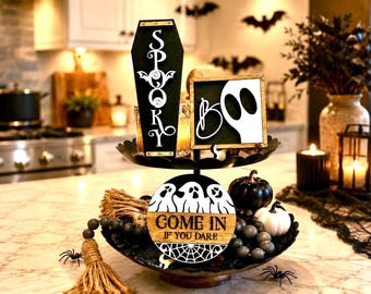 Halloween Tiered Tray Decor: Spooky Coffin, Ghost, Boo Sign Set