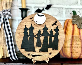 Handmade Witches Dancing Wooden Sign | Gothic Halloween Decor, Rustic Moon Silhouette