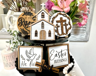 Easter Tiered Tray Decor , Easter Tier Tray , He Is Risen, Religious Easter Decor, Tier Tray Decor, Mini Wood Signs, 3D Signs, Easter Decor
