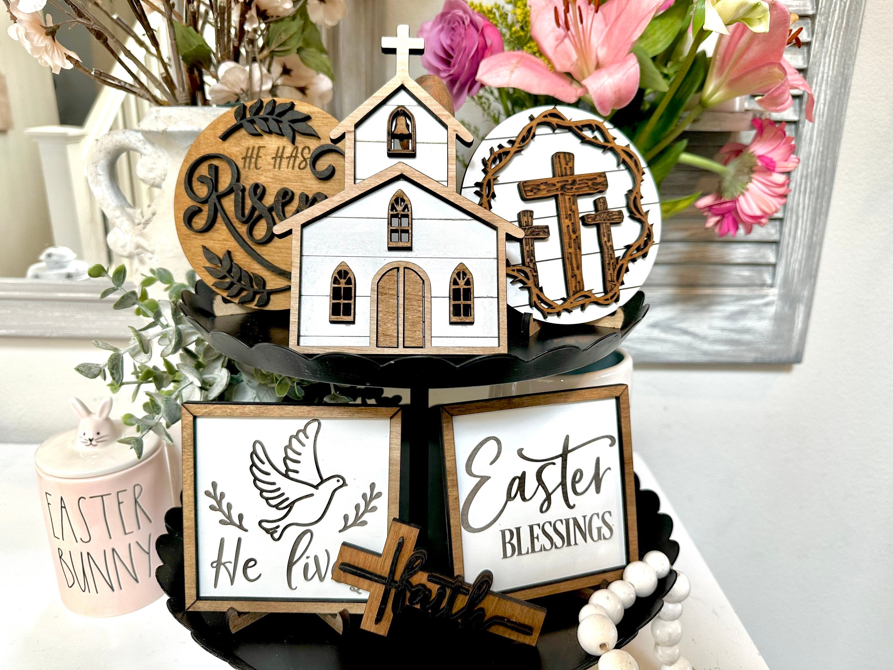 Easter Tiered Tray Decor , Easter Tier Tray , He Is Risen, Religious Easter Decor, Tier Tray Decor, Mini Wood Signs, 3D Signs, Easter Decor