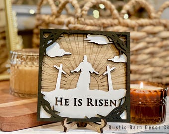 Easter Decoration, He Is Risen, Jesus Christ Wooden sign, Religious Gift, Display Resurrection Christian, Symbol, Catholic art, Empty Tomb