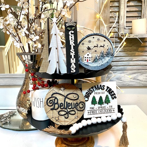 Christmas Tiered Tray Decor | Wooden Signs & Trees Bundle