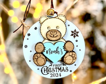 Personalized Babys First Christmas Ornament, Teddy Bear,  Gift for New born Baby, Wooden Baby's First Christmas Ornament, New Mom Gift