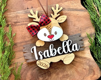 Personalized Wooden Reindeer Ornament | Custom Name, 2026 Engraved, Baby First Xmas Gift