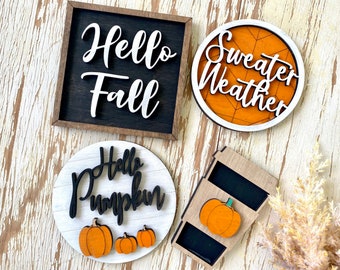 Fall Tiered Tray Decor , Hello Fall  tiered tray signs, fall home decor, hello pumpkin shiplap, sweater weather,