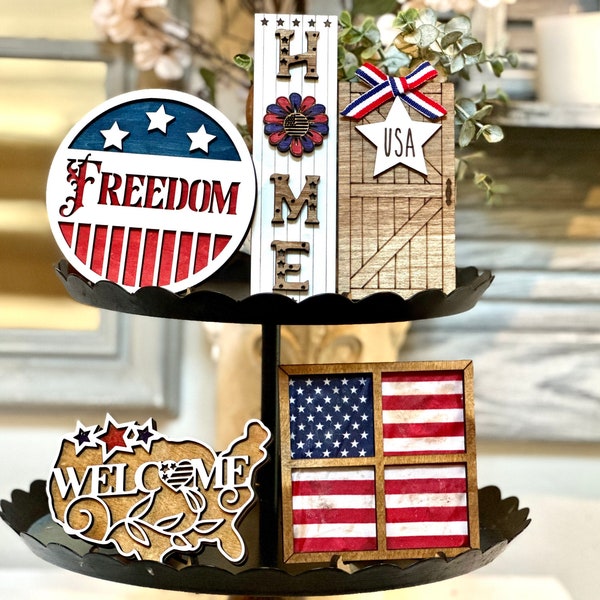 Fourth of July Tiered Tray Decor, Patriotic Decor, 4th of July , Memorial Day  Patriotic Wood Signs, Patriotic Home Decor, Farmhouse, Rustic