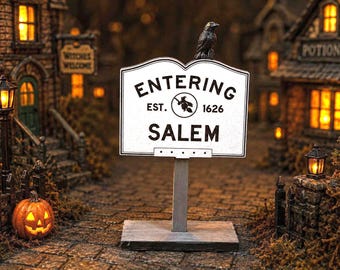 Mini Salem Halloween Village Sign | Spooky Wooden Entrance Decor | Tiered Tray Accessory