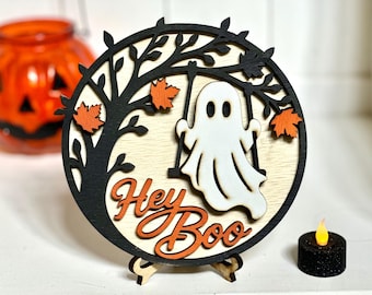 Handmade Layered Wood Ghost Sign, Spooky Halloween Decor, Fall Tiered Tray Accent, Hey Boo