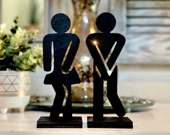 Bathroom sign people wood men and women set of 2 | bathroom decor people standing people bathroom decor | wood cutouts girl and boy