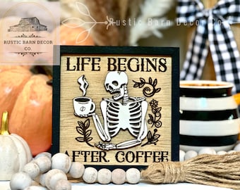 Halloween Coffee Bar Decor | Skeleton Drinking Coffee Sign, Rustic Farmhouse