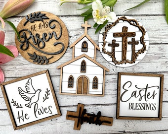 Easter Tiered Tray Decor, Easter blessings, Easter Decor, He Is Risen, Religious Easter Decor, Tier Tray Decor, Mini Wood Signs, 3D Signs
