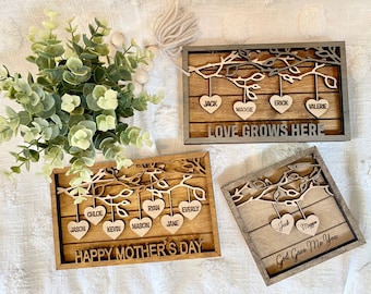Personalized Wooden Family Tree Sign | Mothers Day Gift | Grandkids Names Sign | Hanging Hearts | Custom Valentine’s Day gift | family tree