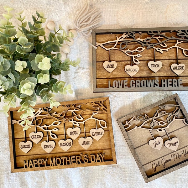 Personalized Wooden Family Tree Sign | Mothers Day Gift | Grandkids Names Sign | Hanging Hearts | Custom Valentine’s Day gift | family tree