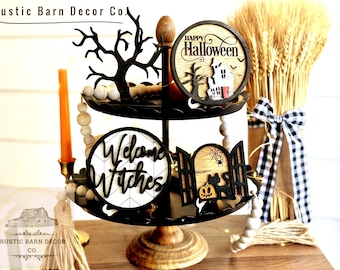 Halloween Tiered Tray Decor | Rustic Wooden Signs Set