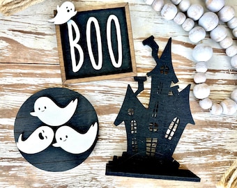 Black and White Halloween Tiered Tray Decor Set | Haunted House, Ghosts, Boo Sign
