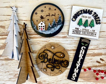 Christmas tiered tray decor bundle, Holiday tiered tray, Christmas tiered tray signs, Believe sign , Christmas trees sign, merry Christmas
