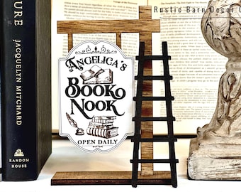 Personalized Book Nook Sign Library, Mini  wooden, with ladder, Library Decor, Bookshelf, Book lover gift, Bookish, Gifts for readers, Name