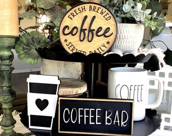 Coffee Bar Sign | Coffee Tiered Tray Decor | Coffee Served Daily Sign | Coffee Cup, Farmhouse Tiered Tray Coffee | kitchen Signs coffee sign