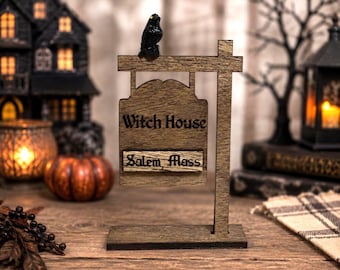 Miniature Wooden Witch House Salem Mass Sign – Spooky Halloween Tiered Tray Decor & Miniature Village Accent