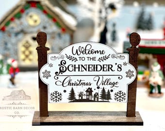 Personalized Christmas Village Sign, Custom Family Name, Wooden Display
