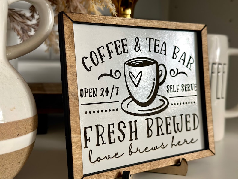 Coffee Sign , Coffee Tea Bar Wood Sign, Farmhouse Kitchen Decor, Kitchen Art Decor, Home Decor Farmhouse, Rustic Wood Sign Shelf Decor image 2