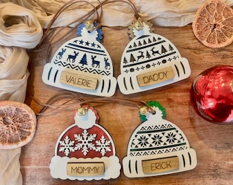Personalized Christmas Hat Ornaments, Custom Family Name Ornaments, Wooden Christmas Tree Decorations, Matching Family Keepsakes