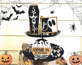 Halloween Tiered Tray Decor | Spooky Coffin, Boo Ghost, Dare Signs