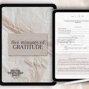 Peut inclure: Un planificateur numérique avec un fond en papier froissé. Le planificateur est intitulé "cinq minutes de GRATITUDE". Le planificateur comprend des sections pour les affirmations quotidiennes, la gratitude et les objectifs. Le planificateur est conçu pour aider les utilisateurs à se concentrer sur les aspects positifs de leur vie.