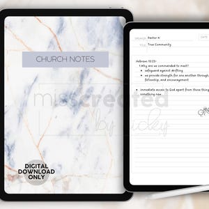 Könnte beinhalten: Ein digitaler Download für eine Kirchennotizvorlage. Die Vorlage hat einen Marmorhintergrund mit den Worten "Church Notes" in einem weißen Kasten. Der Notizbereich hat einen weißen Hintergrund mit schwarzem Text und einer kleinen Zeichnung einer Kirche.