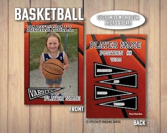 May include: Basketball trading card design with a photo of a young girl holding a basketball. The front of the card features the word "BASKETBALL" and space for "PLAYER NAME" and "VARSITY". The back has fields for player details.