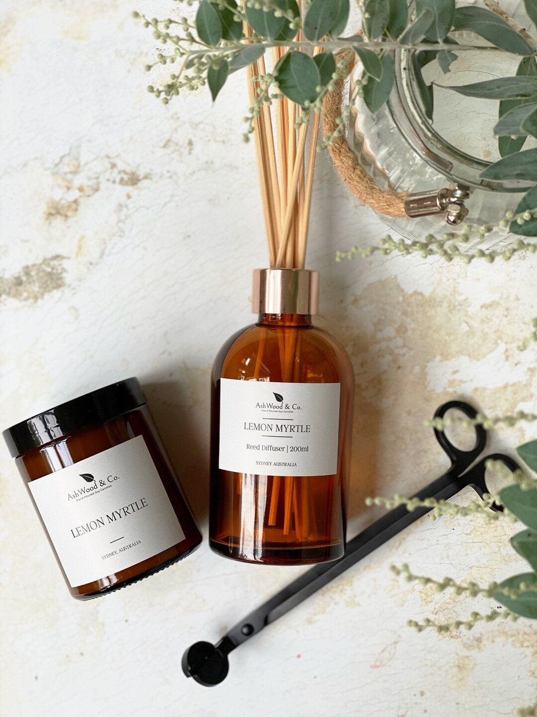 Lemon Myrtle Reed Diffuser & Soy Candle Gift Pack Hand Poured Highly ...