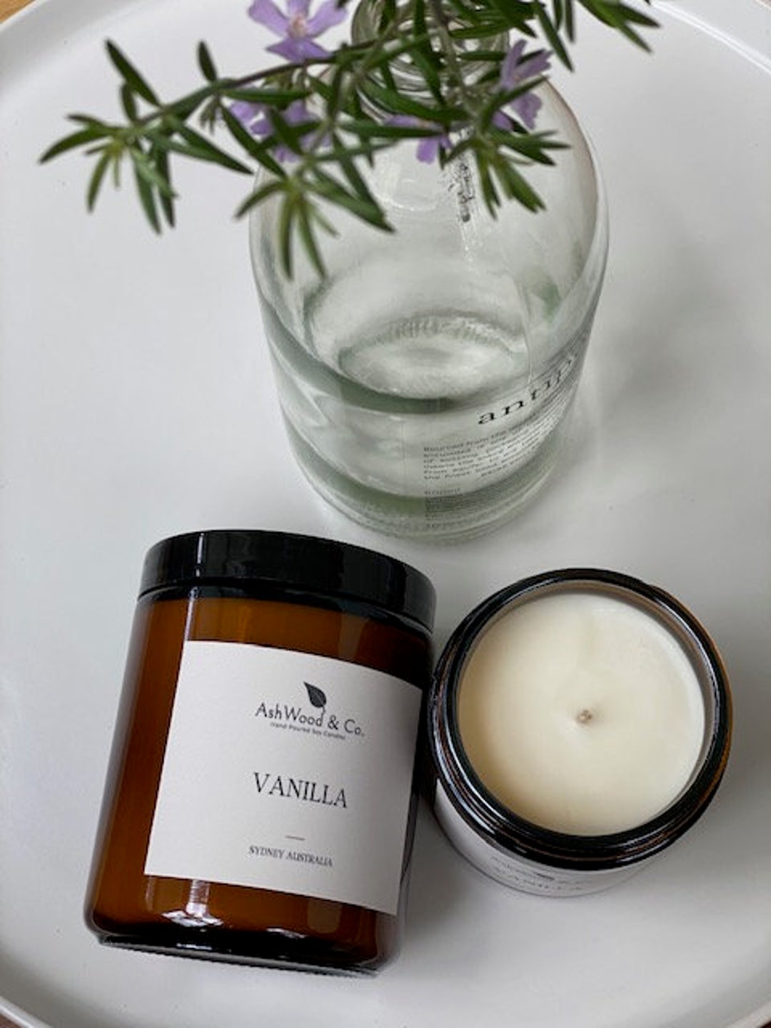 Vanilla Scented Soy Wax Candle | Amber Glass Jar + Lid | Highly Scented ...