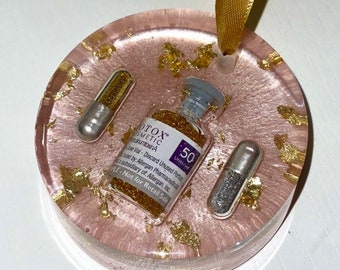 Botox Ornament, Christmas, Pink, Gold, Holiday Nurse Gift, Glitter pills, Med Spa Present, Resin Art, Cosmetics, nurse injector gift