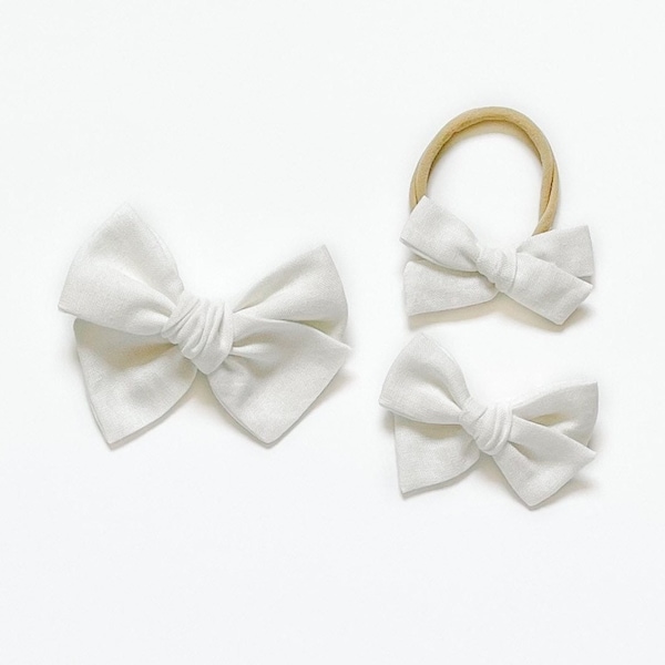 White Linen Pinwheel Bow / Baby Bow / Baby Headband / Toddler Bow / Toddler Hair Clip / Little Girl Bow