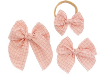 Pink Grid Party Bow / Fall Bow  / Baby Bow / Baby Headband / Toddler Bow / Toddler Hair Clip / Little Girl Bow