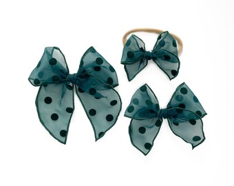 Green Velvet Dot Party Bow / Christmas Bow / Baby Bow / Baby Headband / Toddler Bow / Toddler Hair Clip / Little Girl Bow